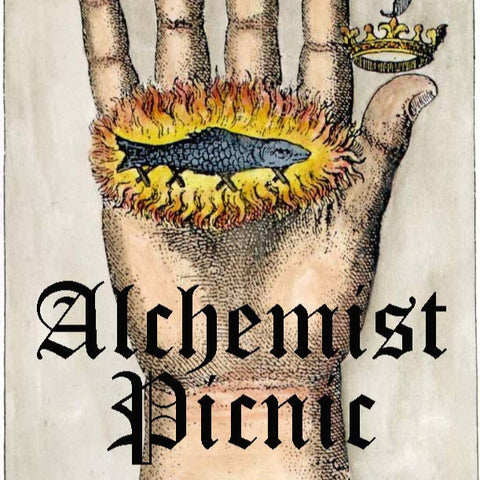 Illustration of a hand with alchemical symbols and 'Alchemist Picnic' text on a textured background