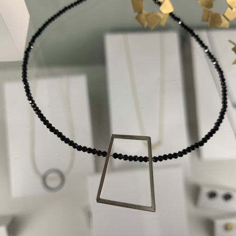 Silver Rectangle Black Beaded Necklace