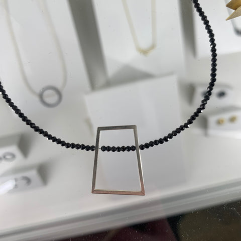 Silver Rectangle Black Beaded Necklace